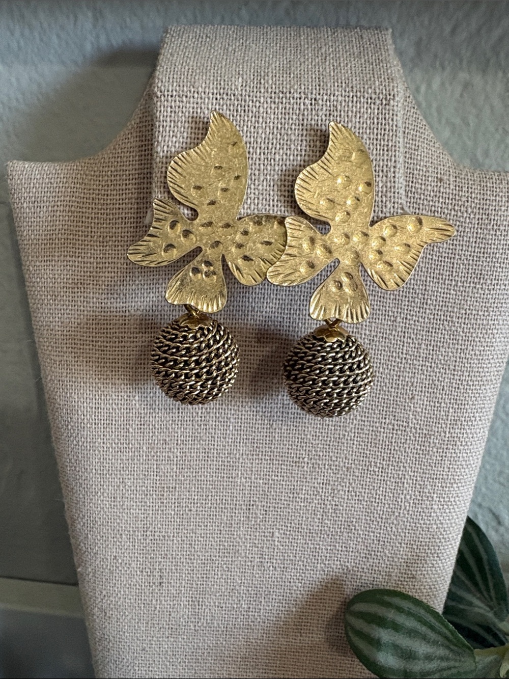 Gold Butterfly Drop Pierced Earrings with Textured Spheres